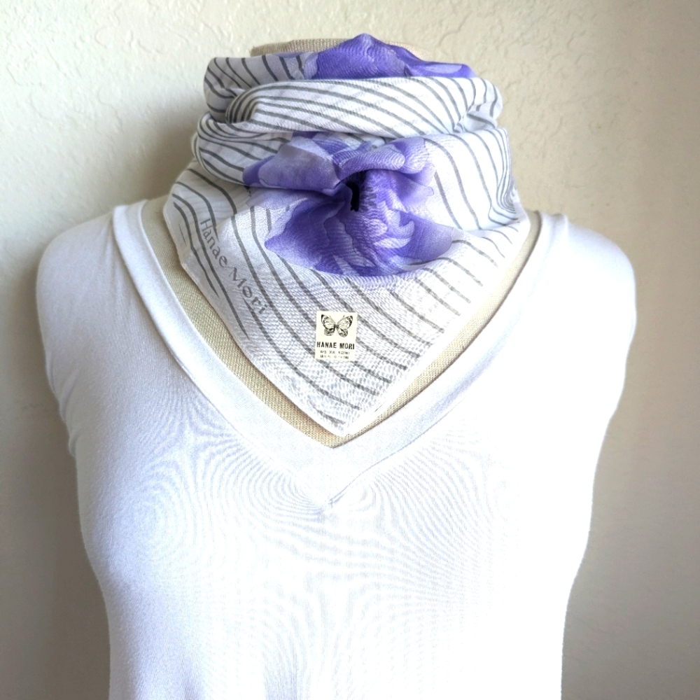 Hanae Mori Cotton 100% Purple Floral Vintage Scarf Twilly 19" Vintage  NEW